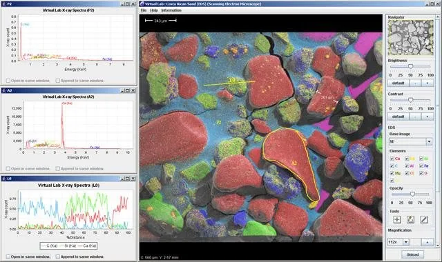 ITG Virtual Lab showing a sand sample with colored EDS element overlays, X-ray spectra windows and microscope viewing controls