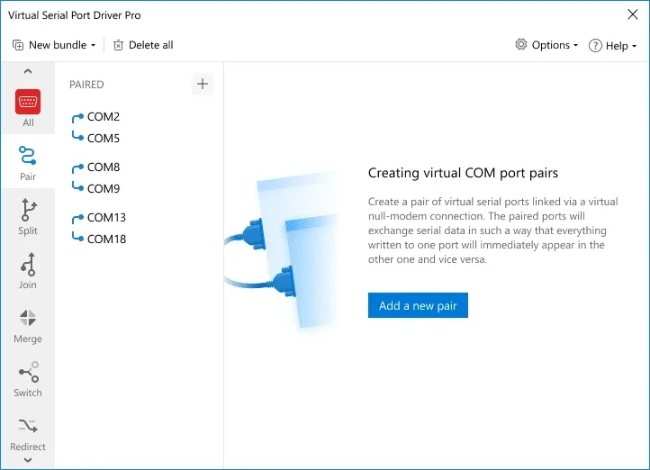 Virtual Serial Port Driver Pro Pair view with COM port pairs and an Add a new pair button