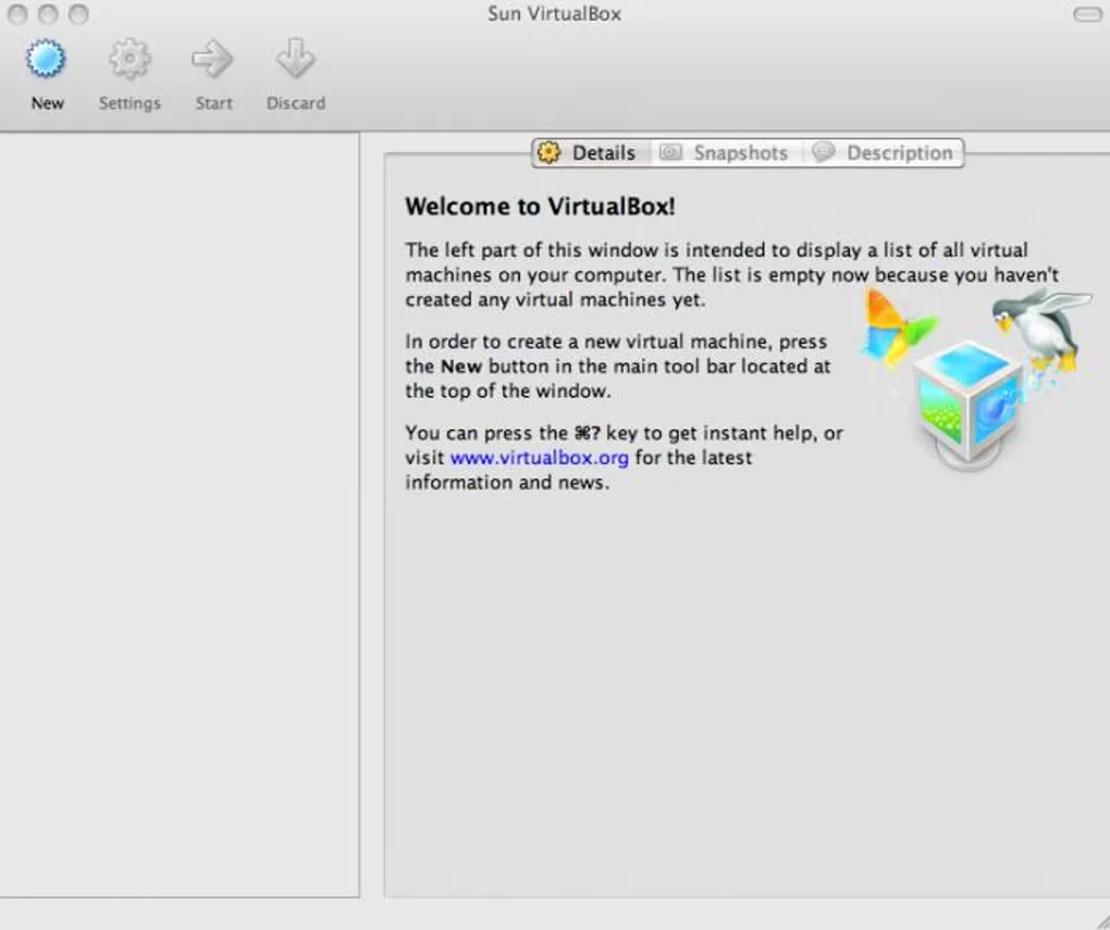 Historical Sun VirtualBox manager on Mac, with an empty VM list, New toolbar button and welcome instructions; not the current 7.2 interface
