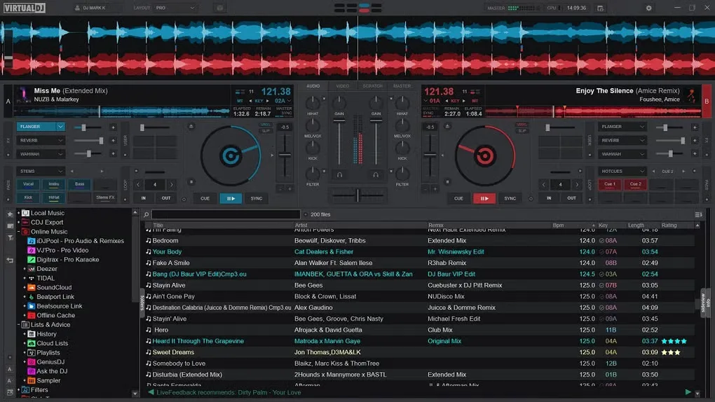VirtualDJ Pro layout from the Softonic Mac gallery, showing blue and red decks, effects and track library