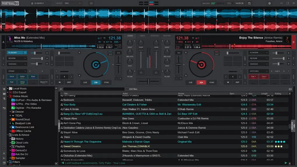 VirtualDJ interface with blue and red waveforms, two decks, a central mixer and the music library