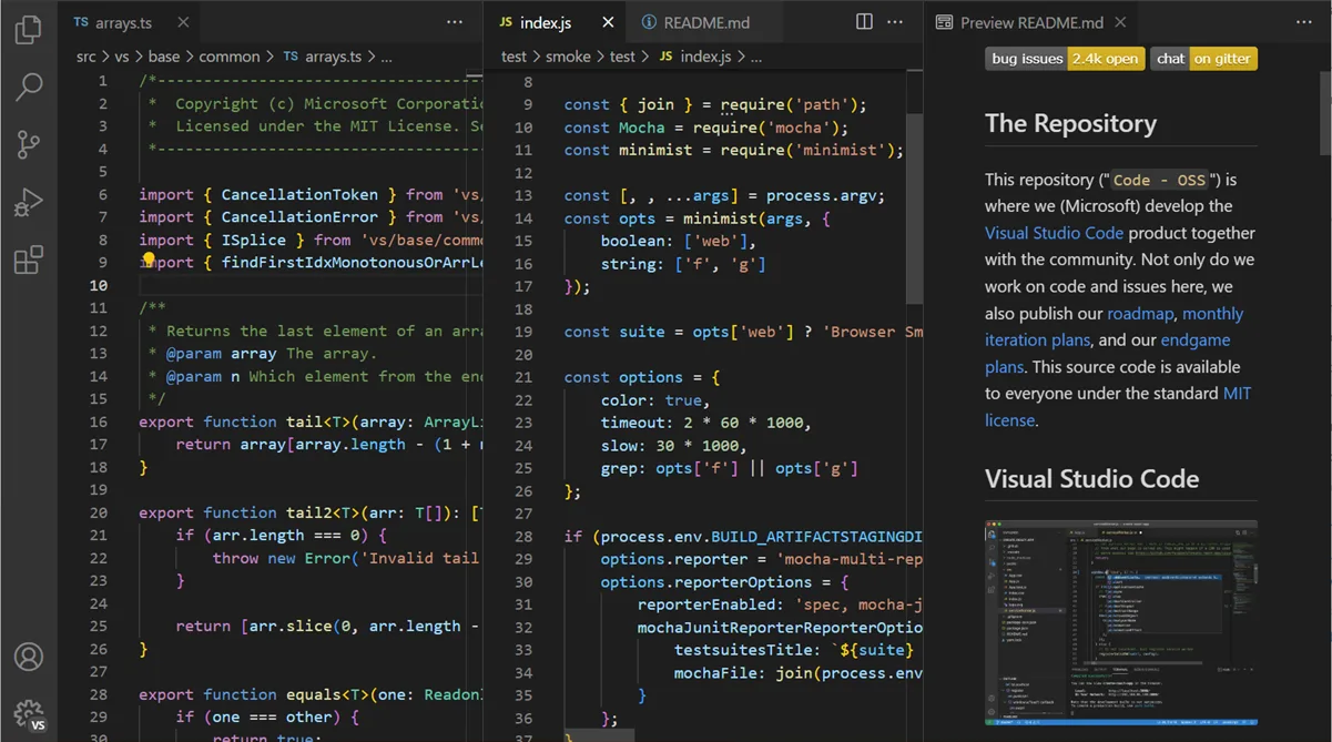 Visual Studio Code with TypeScript and JavaScript files in side-by-side editors and a rendered README preview.