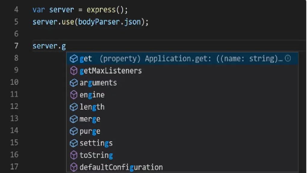 Visual Studio Code editor detail with JavaScript Express code and a code-completion list.