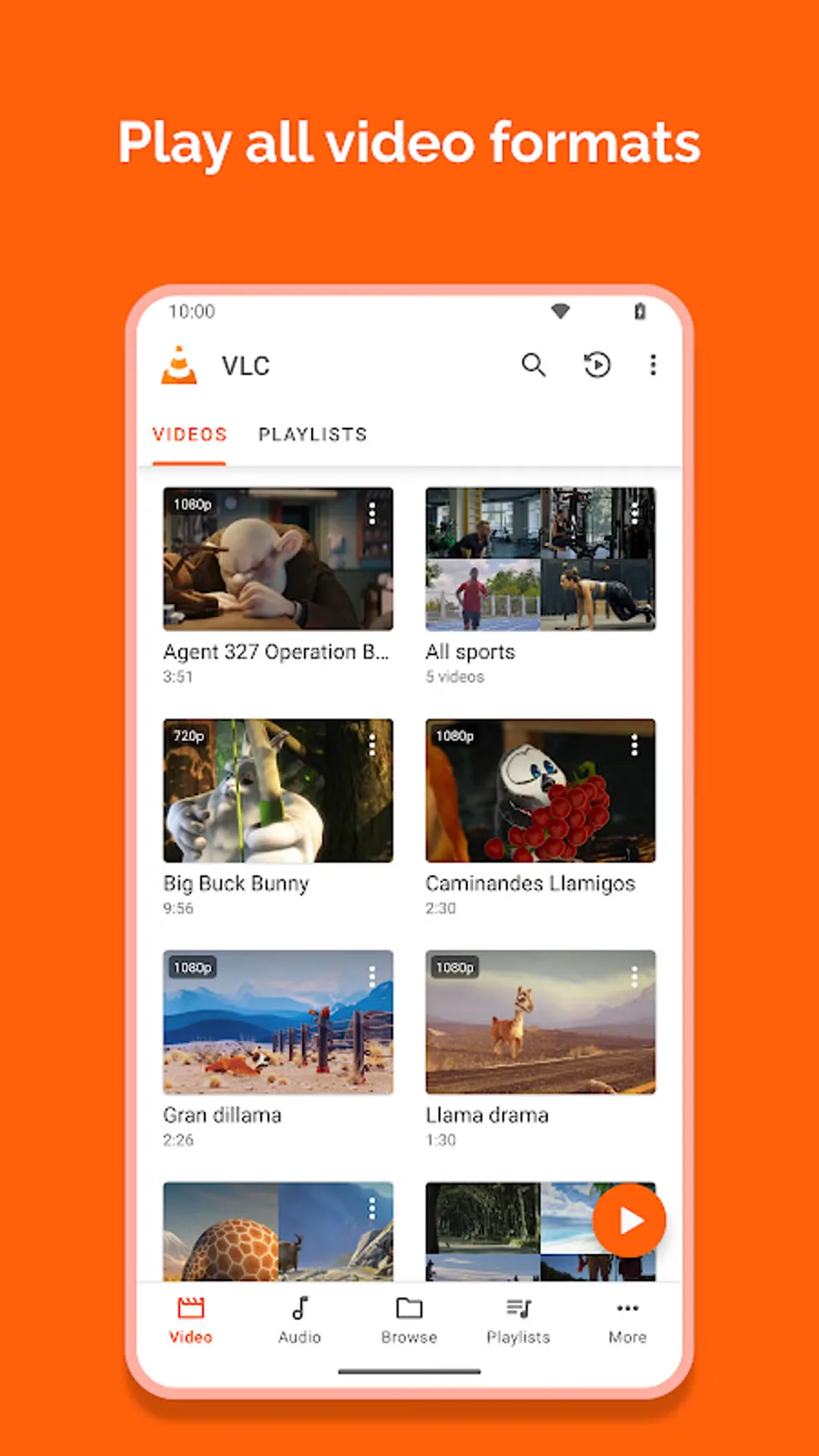 VLC for Android video library inside a portrait phone presentation, with Video, Audio, Browse, Playlists and More navigation.