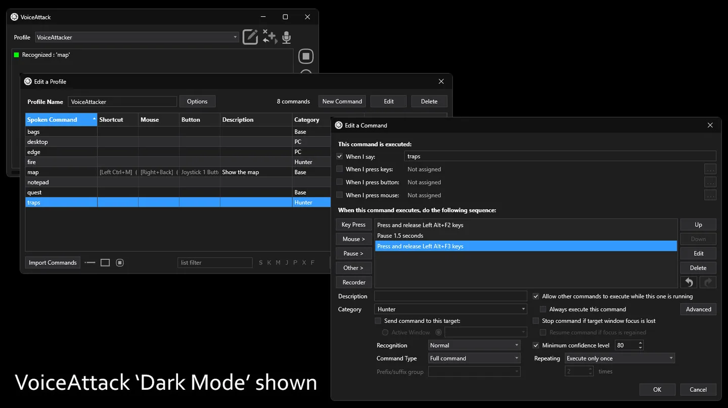 VoiceAttack dark-mode main window, profile command list and command editor with keypress and pause actions.