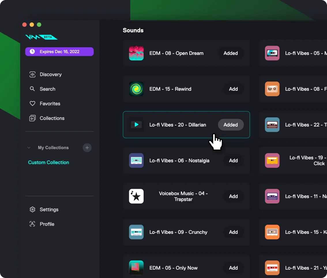 Historical Voicemod Mac beta Sounds view with sound clips, Add buttons and a Custom Collection sidebar