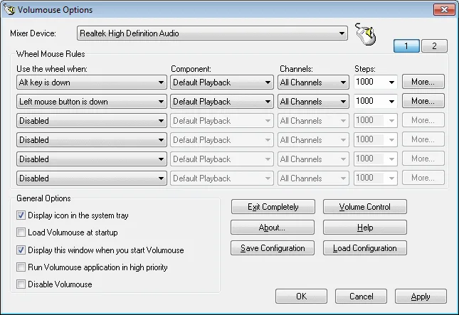 Publisher's historical Volumouse Options window showing wheel rules, sound channels, step sizes and general settings.