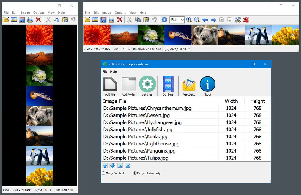 VOVSOFT Image Combiner file list with eight sample photos, vertical and horizontal merge controls, and example joined image strips.