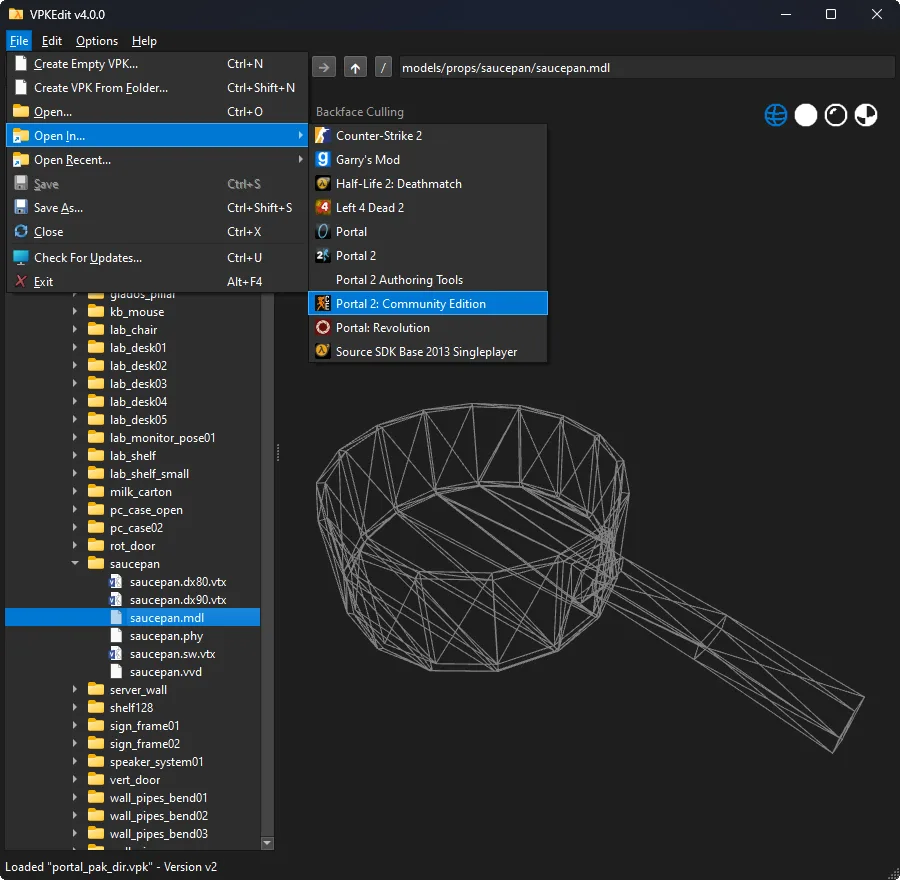 VPKEdit 4.0.0 on Windows with a VPK file tree, Open In menu and wireframe saucepan model preview; older interface example.