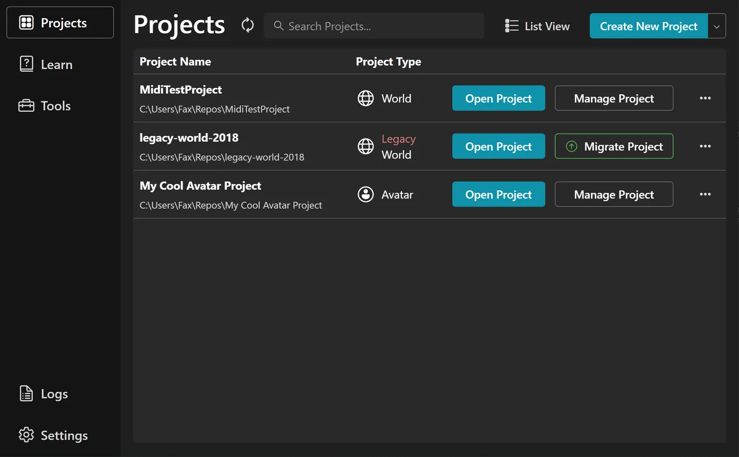 VRChat Creator Companion Projects view showing world, legacy-world and avatar projects with Open, Manage and Migrate controls