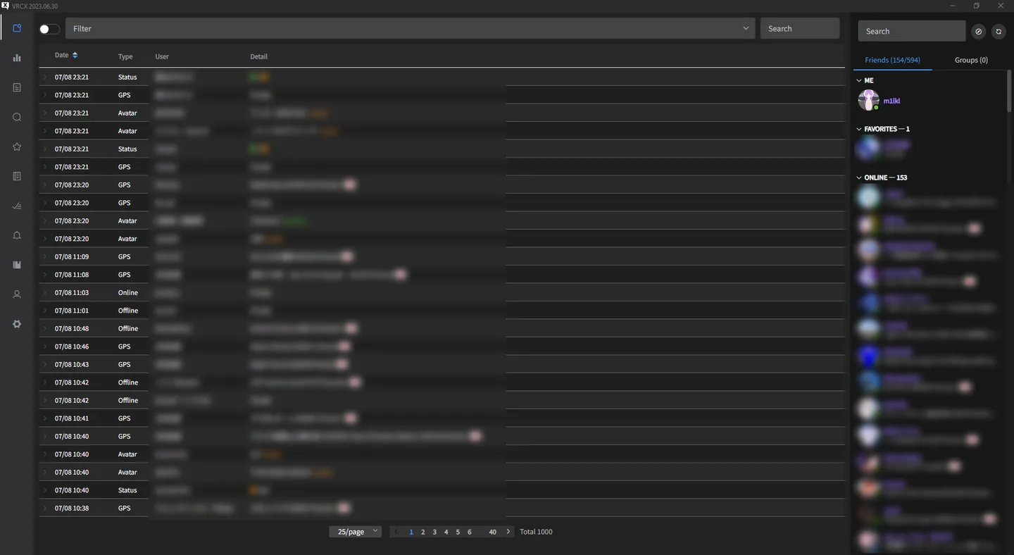 Publisher screenshot of VRCX 2023.06.30 showing the Feed activity table, filters and friends sidebar; personal details are blurred in the source.