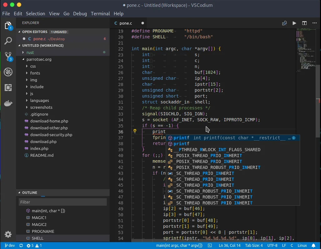 Publisher screenshot of VSCodium showing a project explorer, C source file, symbol outline and completion suggestions; non-Windows window controls.