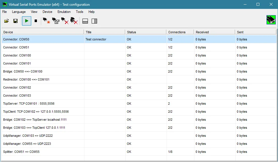 VSPE x64 main window listing virtual COM connectors, bridges, TCP and UDP devices with status and traffic columns
