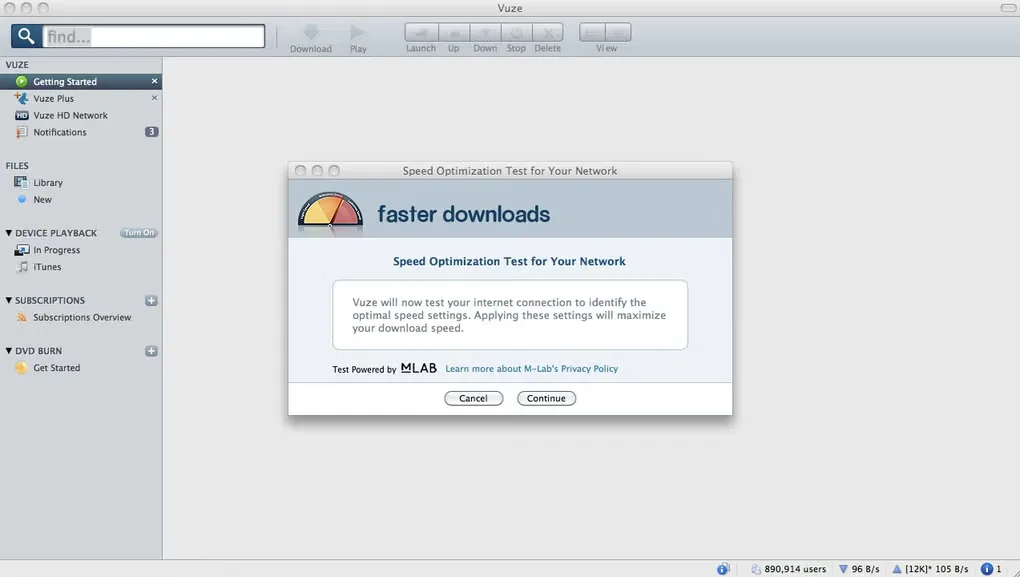 Older Vuze Mac interface with sidebar and Speed Optimization Test for Your Network dialog.