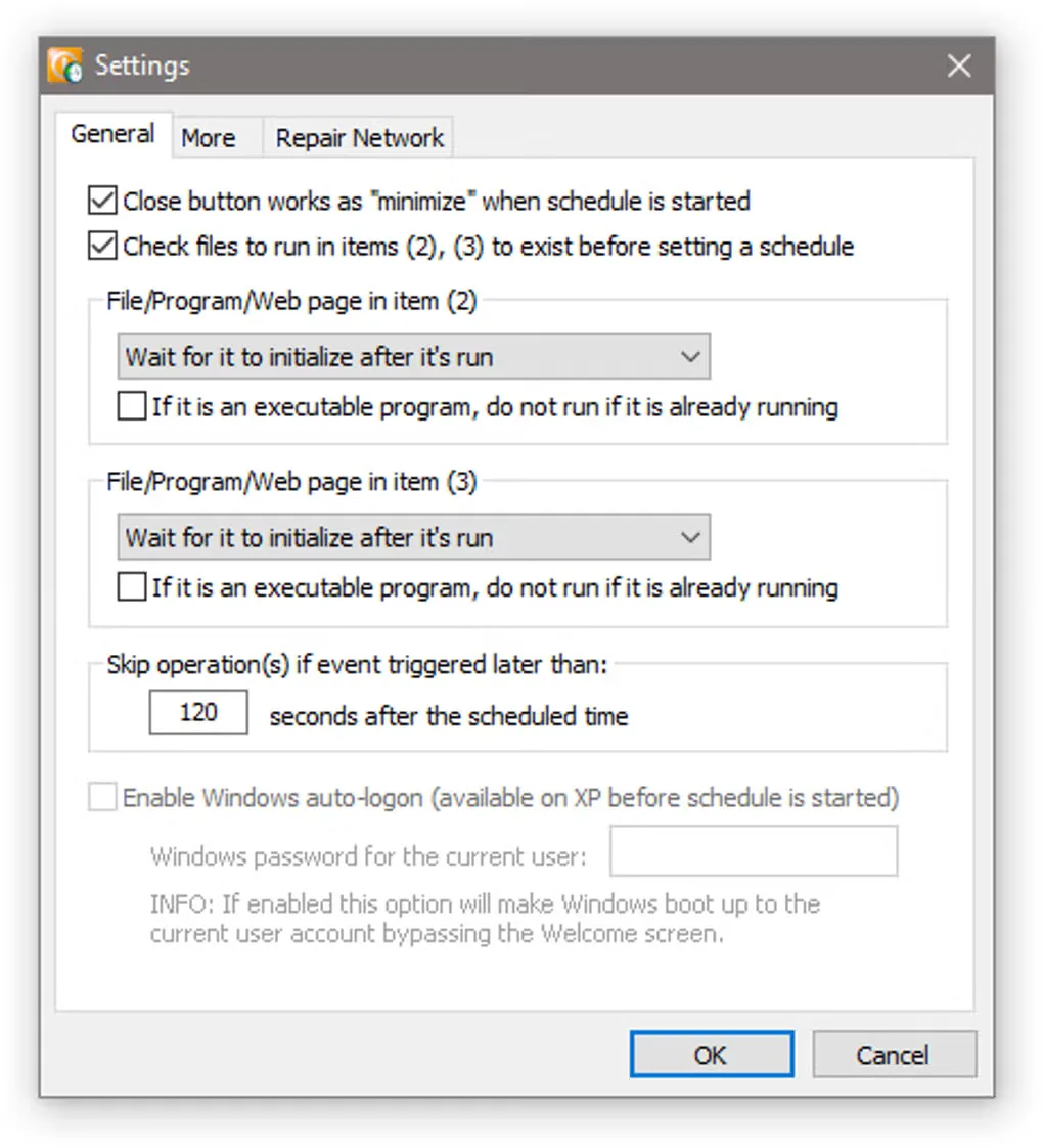 WakeupOnStandBy General settings showing file checks, program initialization options and a late-event time limit