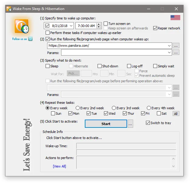WakeupOnStandBy main window with wake time, program or web page, power action, weekday repetition and Start controls