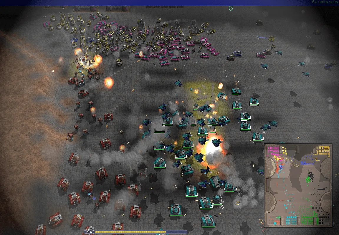 Warzone 2100 multiplayer battle with colored vehicle armies, selected units and the minimap