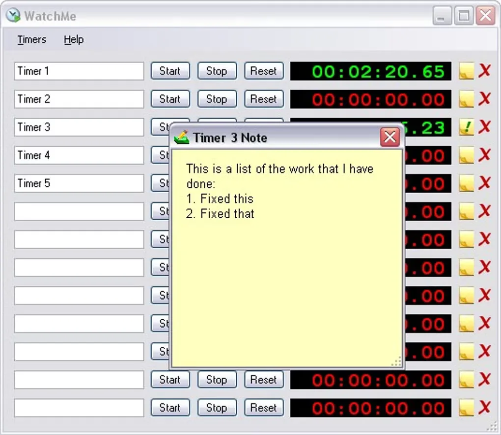 Historical WatchMe Windows interface with named timers, Start/Stop/Reset controls and an open Timer 3 Note window.
