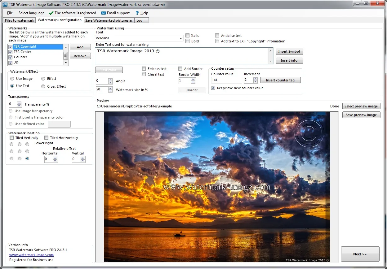 Historical TSR Watermark Image PRO 2.4.3.1 window showing text watermark settings and a watermarked sunset preview