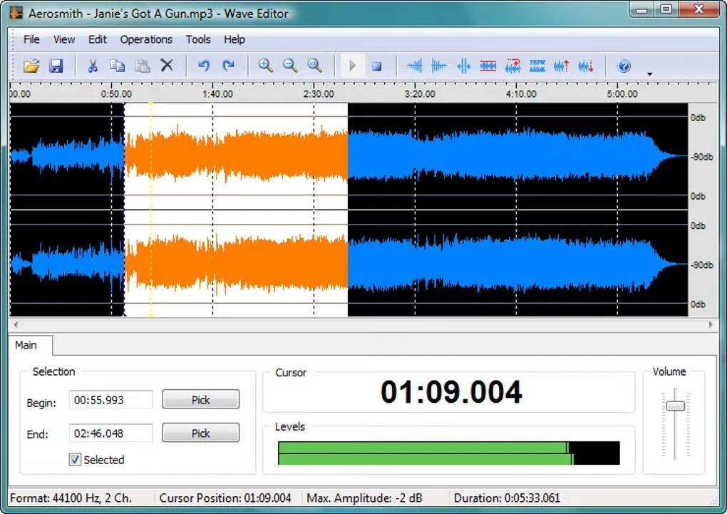 Wave Editor on Windows showing a stereo waveform, an orange selected passage, selection times, cursor position and level meters.