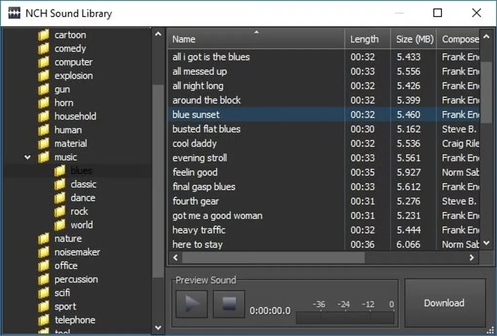 NCH Sound Library shown in the WavePad Windows gallery, with category folders, sound list and preview controls