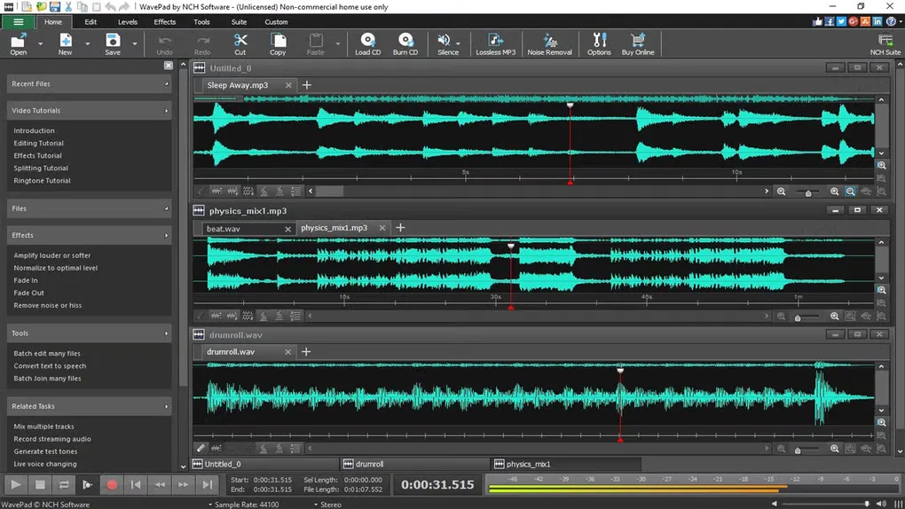 WavePad for Windows showing three audio waveform panes, editing toolbar and playback controls