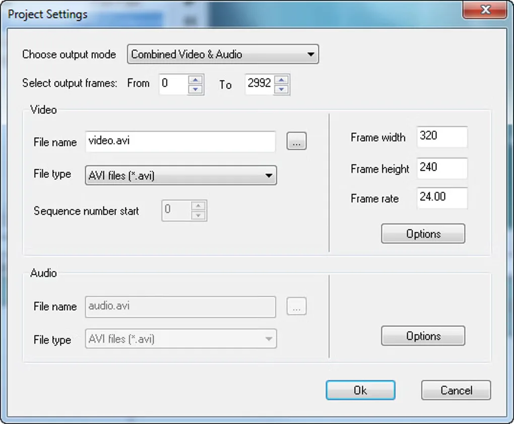 Wax Project Settings dialog showing combined video and audio output, AVI file settings, frame dimensions and frame rate