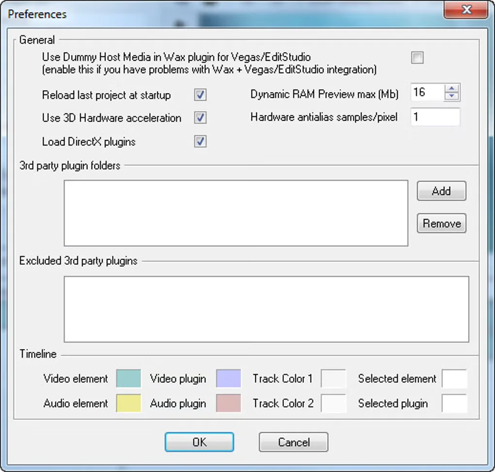 Wax Preferences dialog with 3D hardware acceleration, DirectX plug-in loading, third-party plug-in folders and timeline colors