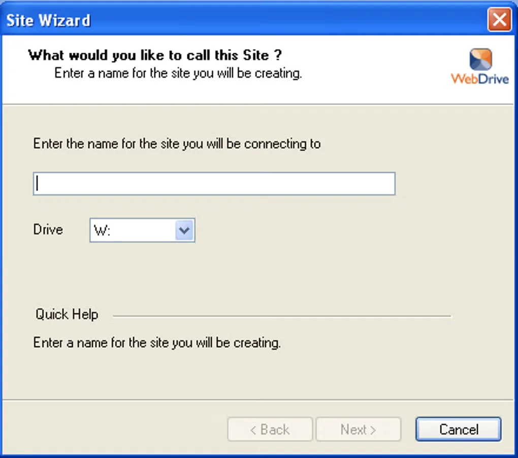 Historical WebDrive Windows Site Wizard with a site-name field and W: drive-letter selector