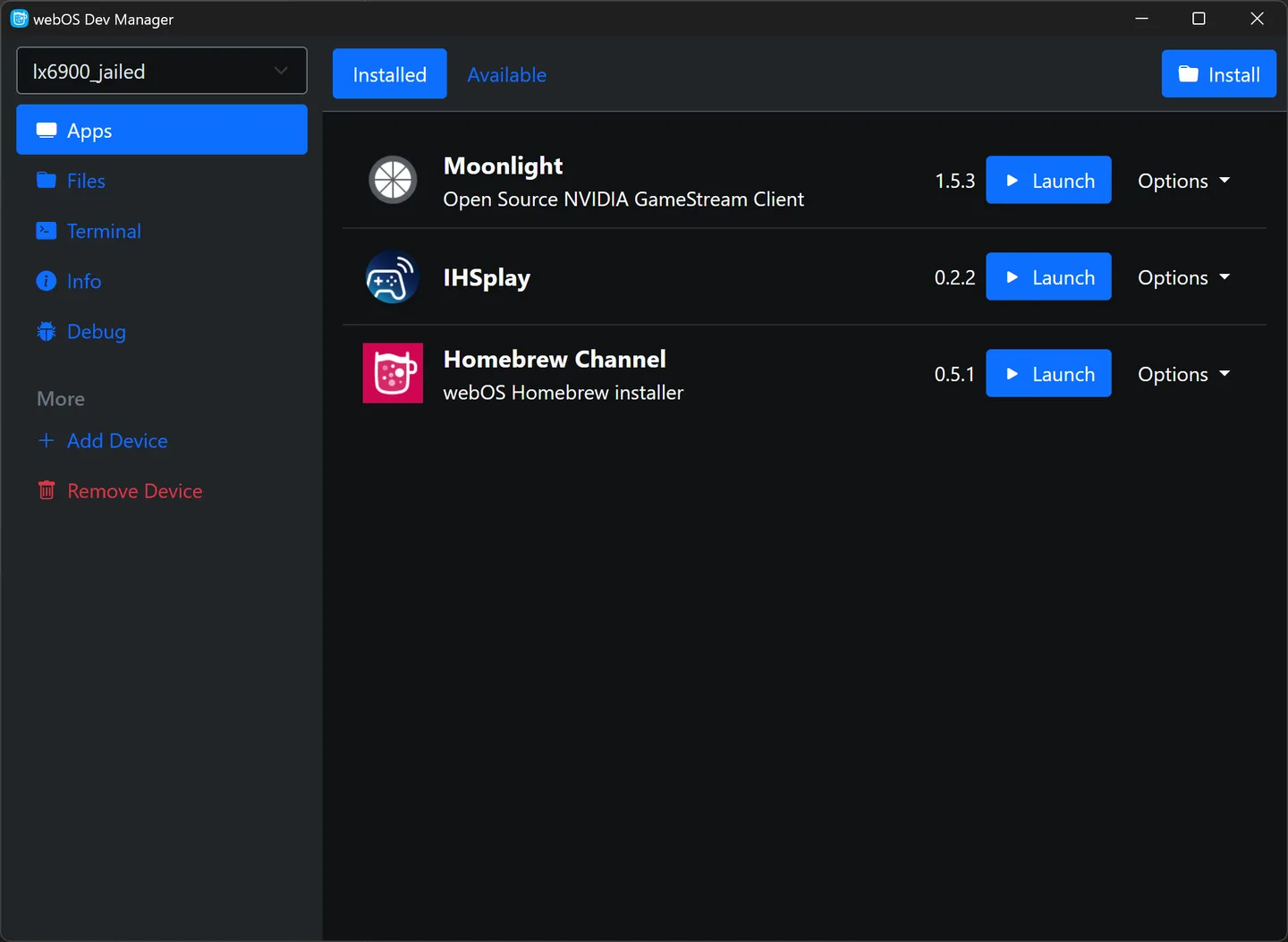 webOS Dev Manager on Windows showing installed TV apps, launch controls and the Apps, Files, Terminal and Info sidebar.