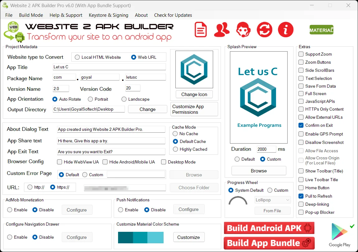 Publisher screenshot of Website 2 APK Builder Pro v6.0 on Windows, showing URL mode, app metadata, splash preview and APK/AAB build controls.