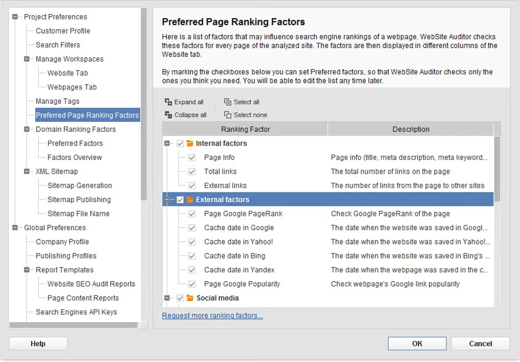 Historical WebSite Auditor settings showing Preferred Page Ranking Factors and a tree of project preferences.