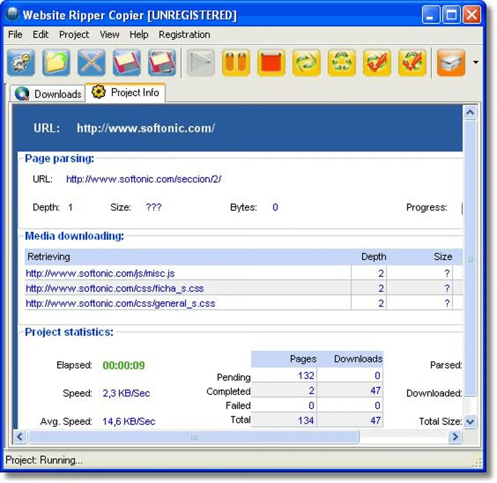 Website Ripper Copier project information showing page parsing, retrieved files and project statistics in an unregistered Windows interface