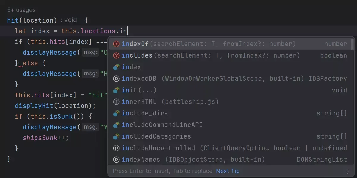 WebStorm JavaScript editor showing type-aware code completion suggestions for an array member