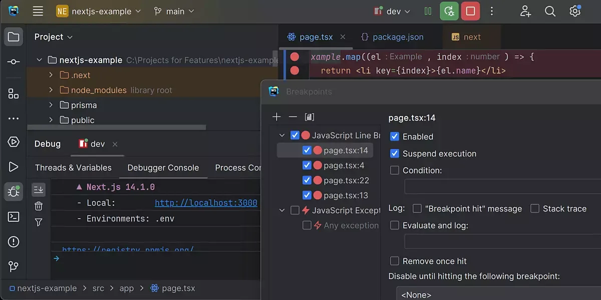 WebStorm showing a Next.js project, debugger console and JavaScript breakpoint settings on Windows
