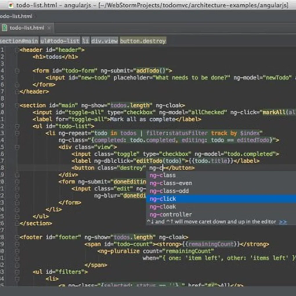 Historical WebStorm interface from the Softonic Windows gallery, editing AngularJS HTML with completion suggestions