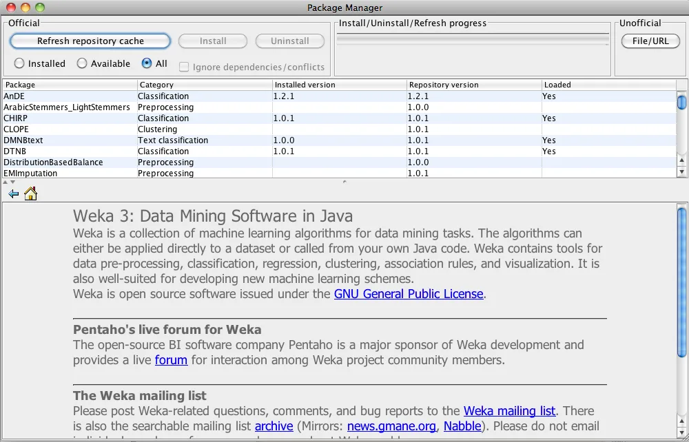 Historical Weka Package Manager on Mac, showing package categories, installed versions and a documentation pane