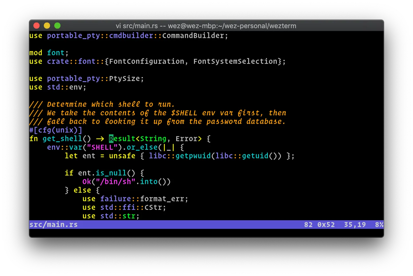 WezTerm on macOS running Vim with syntax-highlighted Rust code and a visible editor status line
