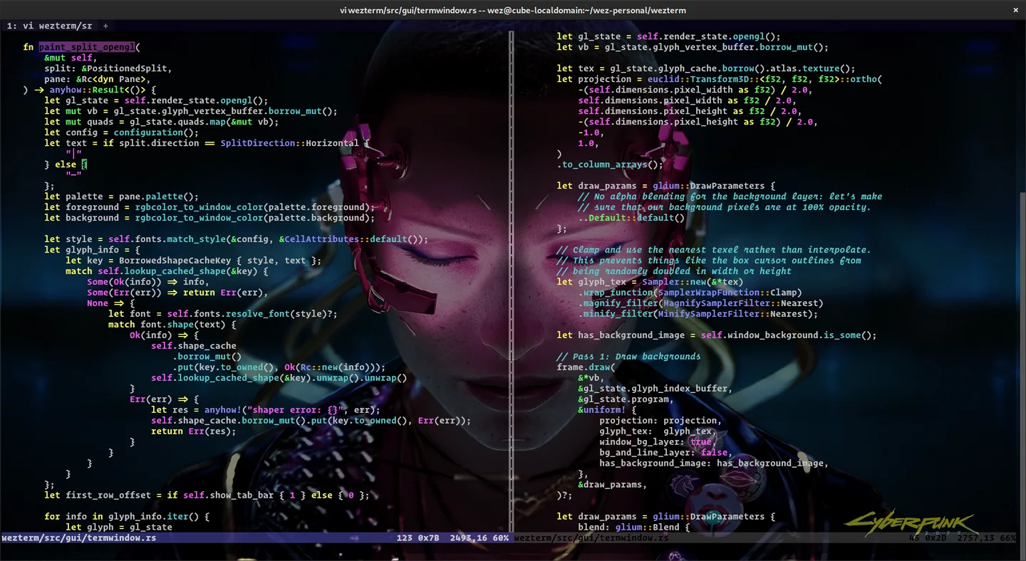 Publisher illustration of WezTerm showing two source-code views, a tab bar and a custom illustrated background; operating system unspecified.
