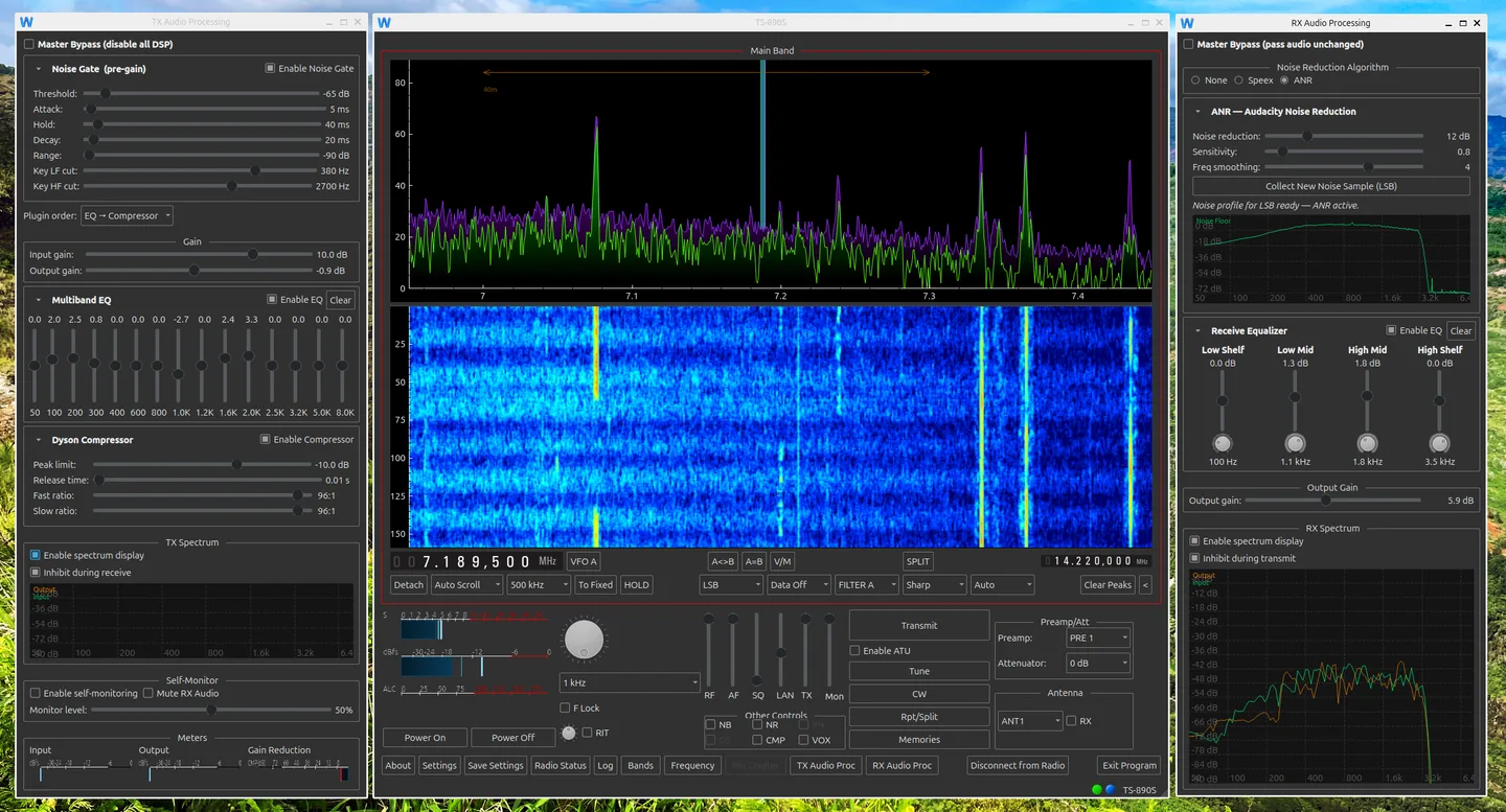 wfview desktop radio controls with a spectrum plot, blue waterfall, and transmit and receive audio-processing panels