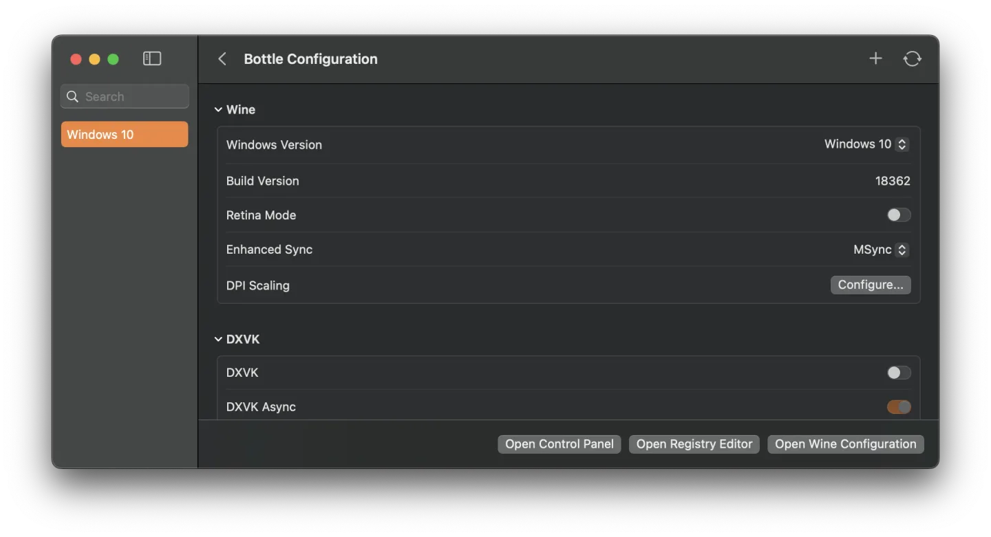 Whisky Bottle Configuration window on macOS showing Wine settings, DXVK controls and buttons for the Control Panel and Registry Editor.