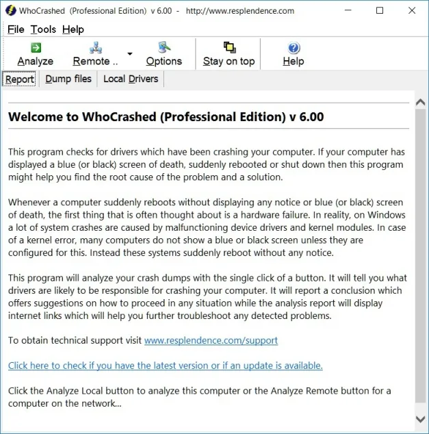 Publisher's legacy WhoCrashed Professional Edition v6.00 report view with Analyze controls and crash-analysis guidance