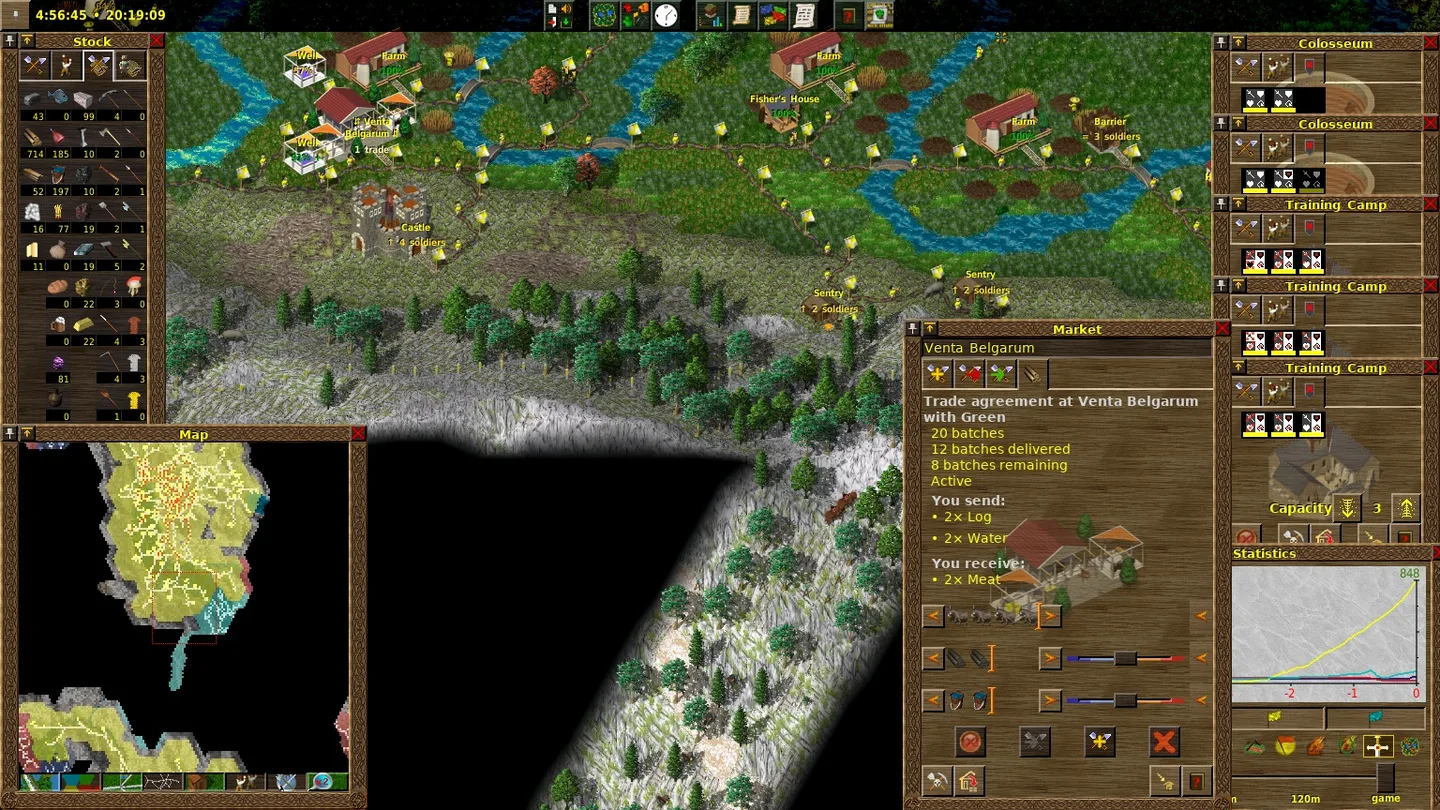 Widelands 1.3 settlement with roads, stock inventory, minimap and a market trade agreement window.