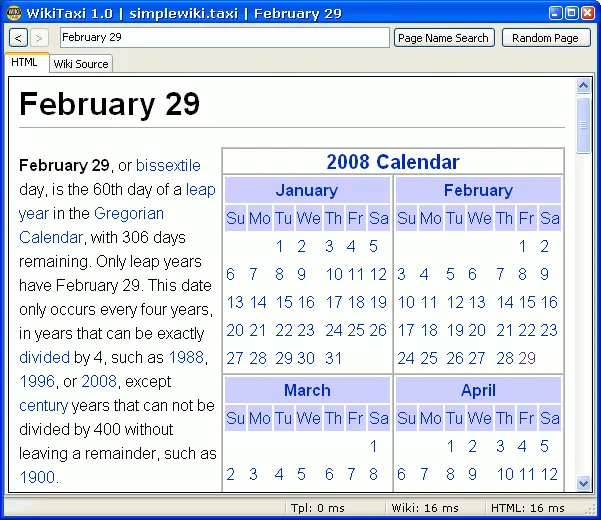Historical WikiTaxi 1.0 Windows window showing the February 29 article, page-name search controls and a 2008 calendar