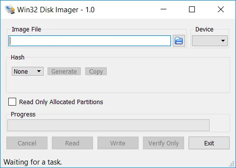 Win32 Disk Imager 1.0 window with image-file and device selectors, hash options, and Read, Write and Verify Only controls.
