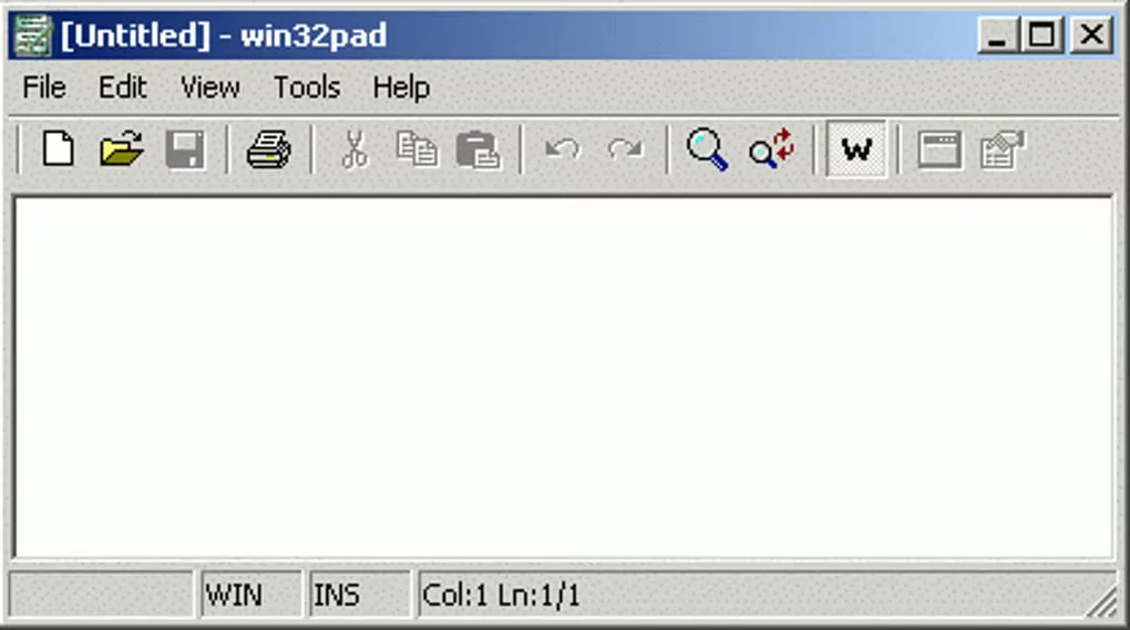 Win32Pad on Windows with an untitled document, File/Edit/View/Tools/Help menus, editing toolbar and WIN/INS position status bar