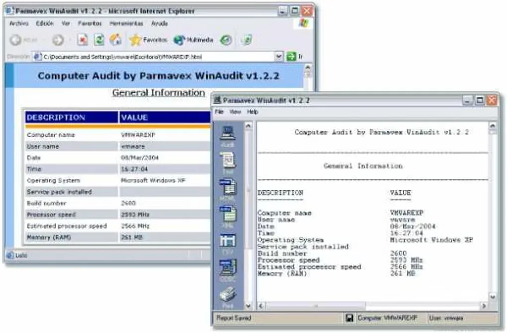 Historical WinAudit v1.2.2 general-information report beside its exported HTML report in Internet Explorer.