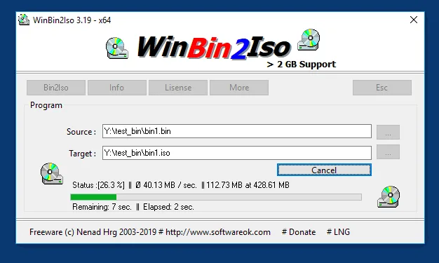 Publisher screenshot of WinBin2Iso 3.19 x64 converting a BIN image to ISO, with source, target and progress controls
