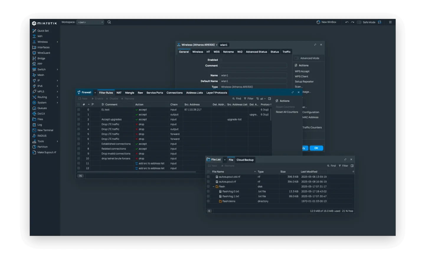 Publisher WinBox interface showing the RouterOS sidebar, firewall rule table, wireless settings and file list in dark mode.