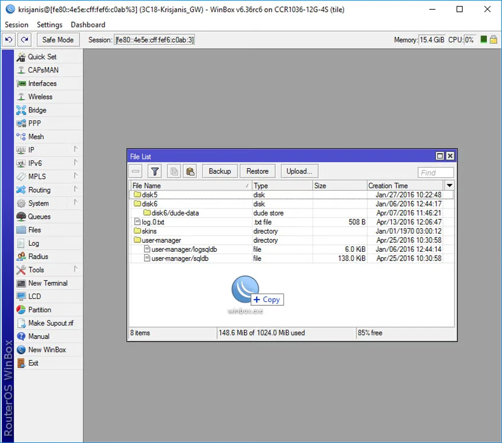 Legacy WinBox Windows interface with a File List window and RouterOS v6.36rc6 in the title; not WinBox 4.4